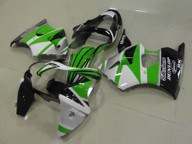 2000-2002 White Green Glossy Black Stripe Silkolene Dunlop Kawasaki ZX6R Motorcycle Fairings Australia