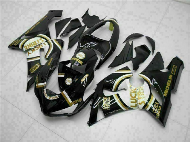 2005-2006 Glossy Black White Gold Lucky Strike Kawasaki ZX6R Motorcycle Fairings Australia