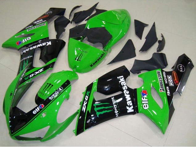 2005-2006 Green Glossy Black Elf Monster Kawasaki ZX6R Motorcycle Fairings Australia