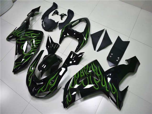 2006-2007 Glossy Black Green Flame Kawasaki ZX10R Motorcycle Fairings Australia