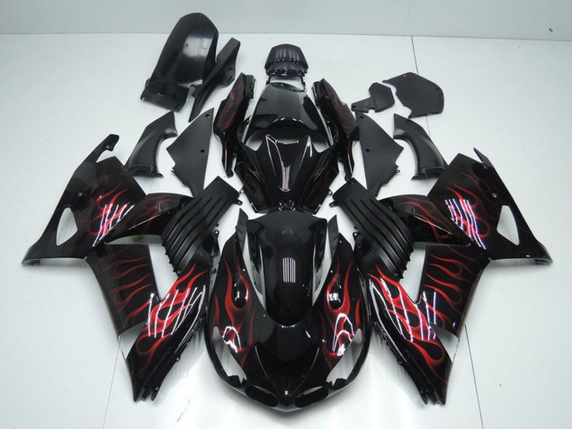 2006-2011 Glossy Black Red Flame Kawasaki ZX14R ZZR1400 Motorcycle Fairings Australia