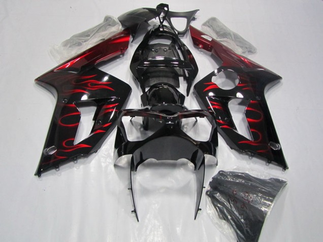 2003-2004 Glossy Black Red Flame Kawasaki ZX6R Motorcycle Fairing Australia