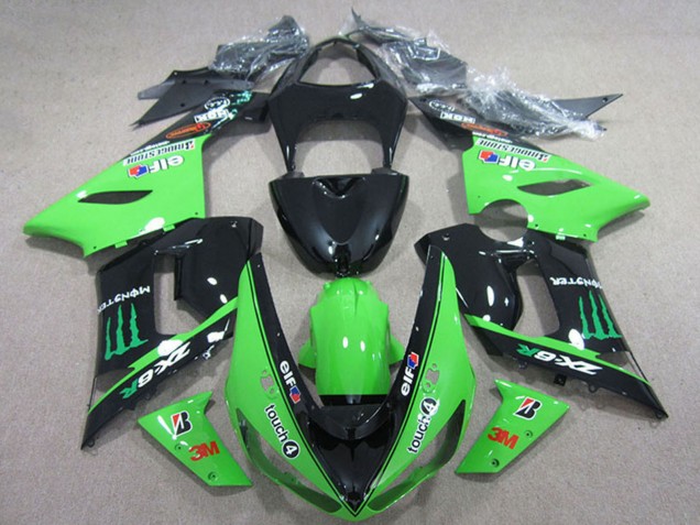 2005-2006 Glossy Black Green Elf Touch4 Bridgestone Monster Kawasaki ZX6R Motorcycle Fairings Australia