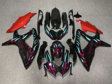 2008-2010 Glossy Black Red Cyan Flame Suzuki GSXR 600 / GSXR 750 Motorcycle Fairings Australia
