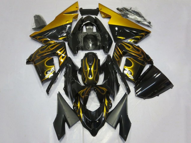 2004-2005 Glossy Black Gold Flame Kawasaki ZX10R Motorcycle Fairings Australia