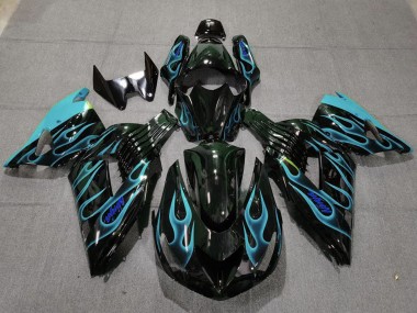 2006-2011 Glossy Black Light Blue Flame Kawasaki ZX14R Motorcycle Fairings Australia