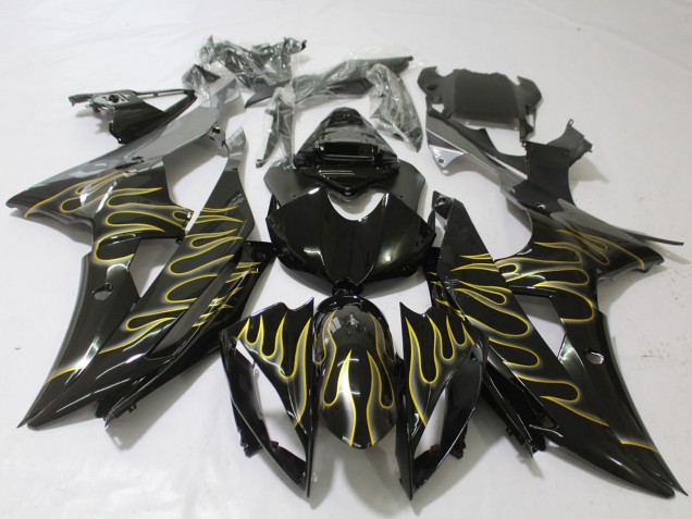 2008-2016 Glossy Black Gold Flame Yamaha R6 Motorcycle Fairings Australia