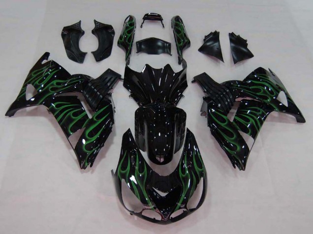 2006-2011 Glossy Black Green Flame Kawasaki ZX14R ZZR1400 Motorcycle Fairing Australia
