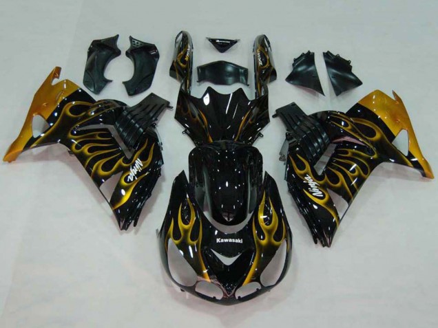 2006-2011 Glossy Black Gold Flame Kawasaki ZX14R ZZR1400 Motorcycle Fairings Australia