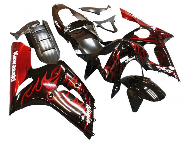 2003-2004 Glossy Black Red Flame Kawasaki ZX6R Motorcycle Fairings Australia
