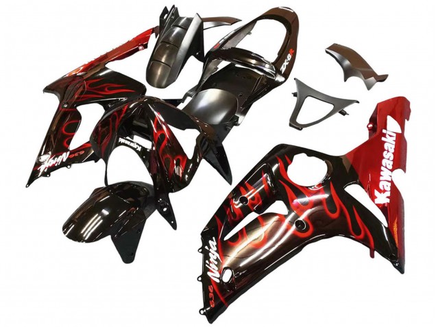 2003-2004 Glossy Black Red Flame Kawasaki ZX6R Motorcycle Fairings Australia