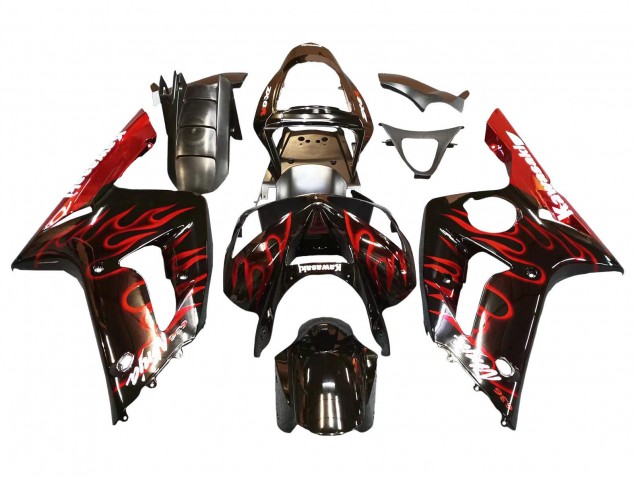2003-2004 Glossy Black Red Flame Kawasaki ZX6R Motorcycle Fairings Australia
