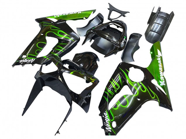 2003-2004 Glossy Black Green Flame Kawasaki ZX6R Motorcycle Fairings Australia
