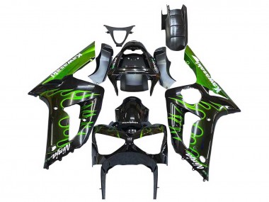 2003-2004 Glossy Black Green Flame Kawasaki ZX6R Motorcycle Fairings Australia