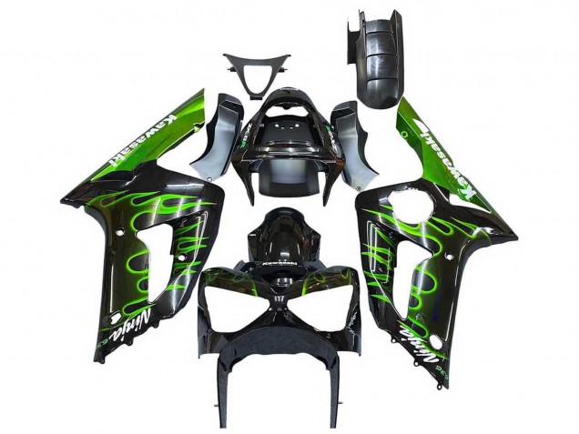 2003-2004 Glossy Black Green Flame Kawasaki ZX6R Motorcycle Fairings Australia