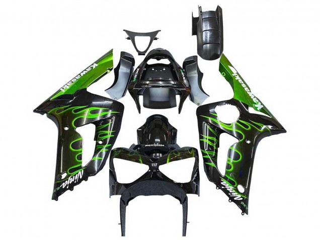 2003-2004 Glossy Black Green Flame Kawasaki ZX6R Motorcycle Fairings Australia