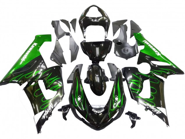 2005-2006 Glossy Black Green Flame Kawasaki ZX6R Motorcycle Fairing Australia