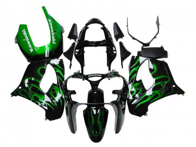 2000-2001 Glossy Black Green Flame White Kawasaki ZX9R Motorcycle Fairings Australia