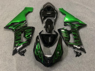 2005-2006 Glossy Black Green Flame Kawasaki ZX6R Motorcycle Fairings Australia