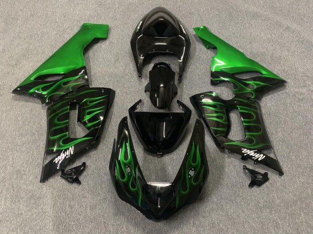 2005-2006 Glossy Black Green Flame Kawasaki ZX6R Motorcycle Fairings Australia