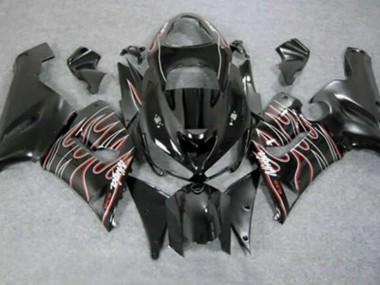 2005-2006 Glossy Black Red White Flame Kawasaki ZX6R Motorcycle Fairings Australia