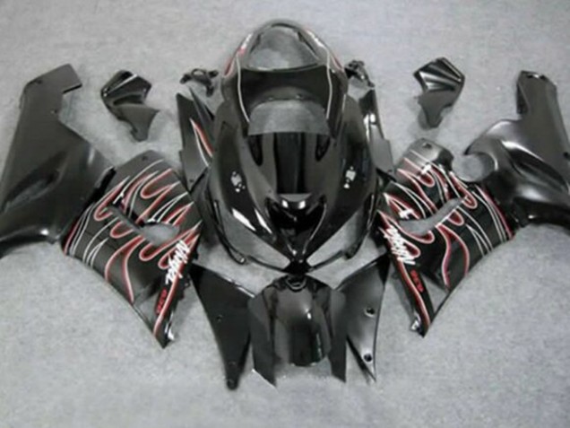 2005-2006 Glossy Black Red White Flame Kawasaki ZX6R Motorcycle Fairings Australia