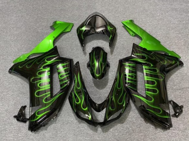 2007-2008 Black Green Flame Kawasaki ZX6R Motorcycle Fairings Australia