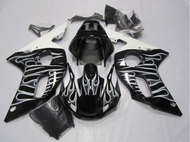 1998-2002 Glossy Black White Flame Yamaha YZF R6 Motorcycle Fairings Australia