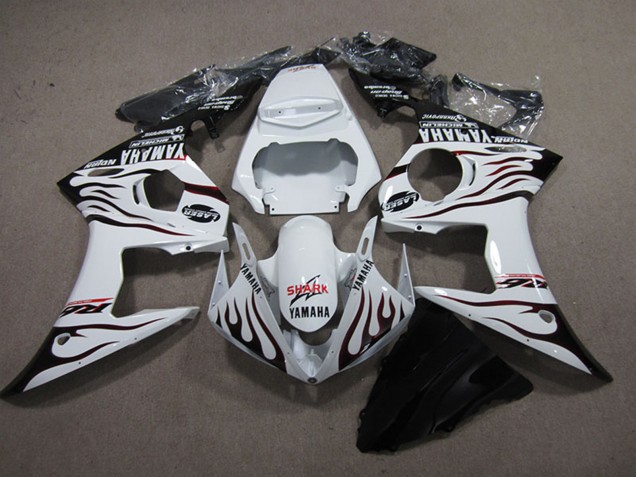 2003-2004 White Glossy Black Flame Shark Yamaha YZF R6 Motorcycle Fairings Australia